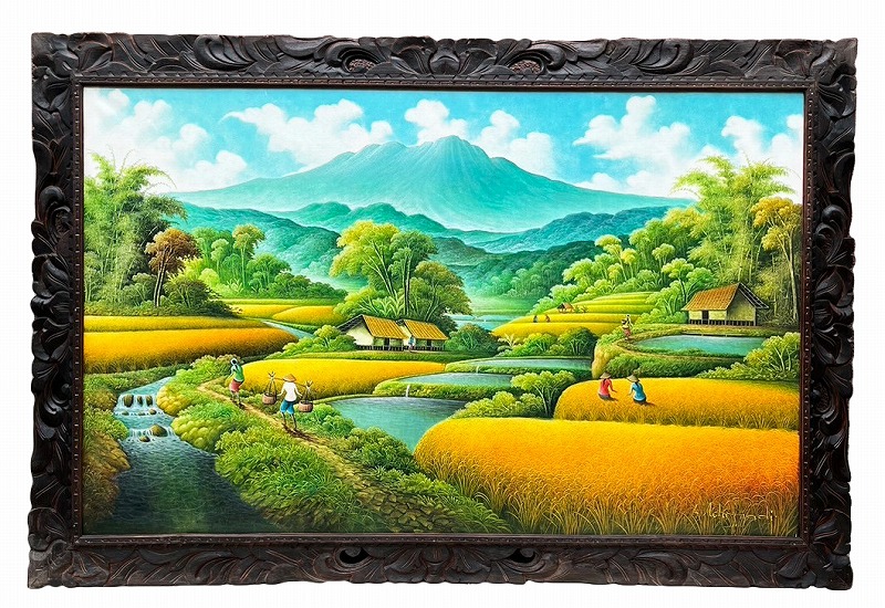 ***バリ絵画 農村の風景102*153 山中心【バリ直輸入】南国 アートパネル 緑 田んぼ 稲穂 農夫 風景画 自然 農村 田舎 油絵 ウッドフレーム のどか バリインテリア バリ風 癒し アジアンインテリア おしゃれ 【バリ・アジアン雑貨バリパラダイス】