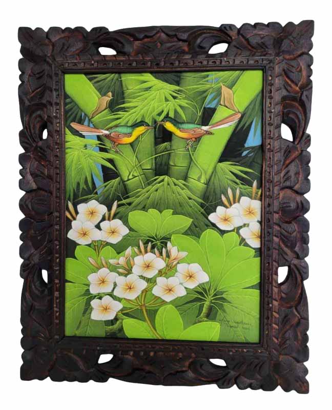プンゴセカン絵画53*43ハイクラス 縦型バンブー中心【バリ直輸入】花鳥風月 南国 花鳥画 アートパネル 緑 リゾート 手描き ウッドフレーム 手彫り 森 鳥 花 バリアート バリ風 アジアンインテリア おしゃれ 【バリ・アジアン雑貨バリパラダイス】