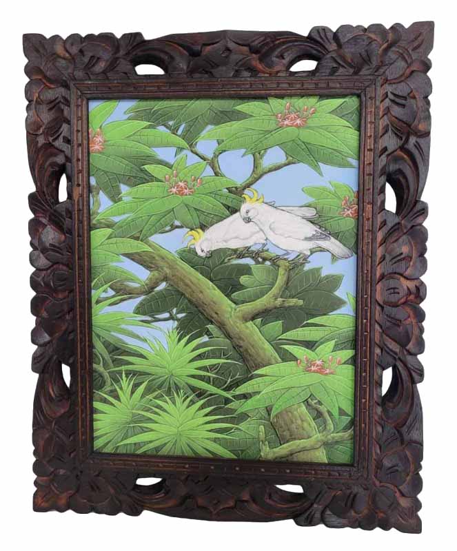 プンゴセカン絵画53*43ハイクラス 縦型白冠鳥右【バリ直輸入】花鳥風月 南国 花鳥画 アートパネル 緑 リゾート 手描き ウッドフレーム 手彫り 森 鳥 花 バリアート バリ風 アジアンインテリア おしゃれ 【バリ・アジアン雑貨バリパラダイス】