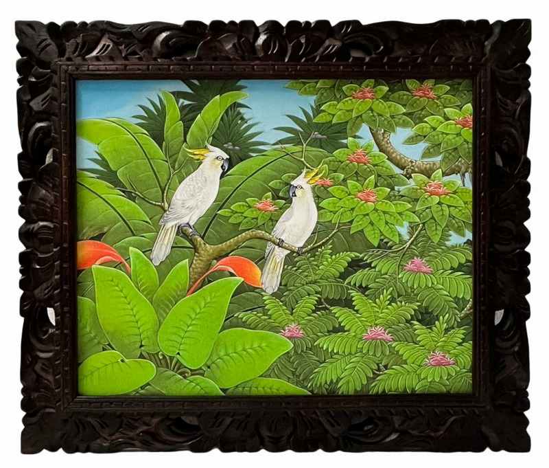 大きめ バリアート プンゴセカン バリ島 絵画 自然 鳥 花 アート カワセミ 上品】 大きめ バリアート アート 花 鳥 自然 絵画 バリ島