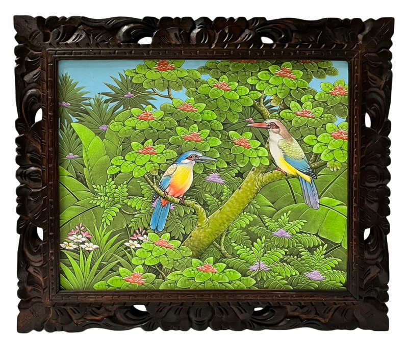 大きめ バリアート プンゴセカン バリ島 絵画 自然 鳥 花 アート カワセミ バリ絵画 ブンゴセカン 鳥の絵 蓮の花と稲穂 W33×H38cm 花鳥風月
