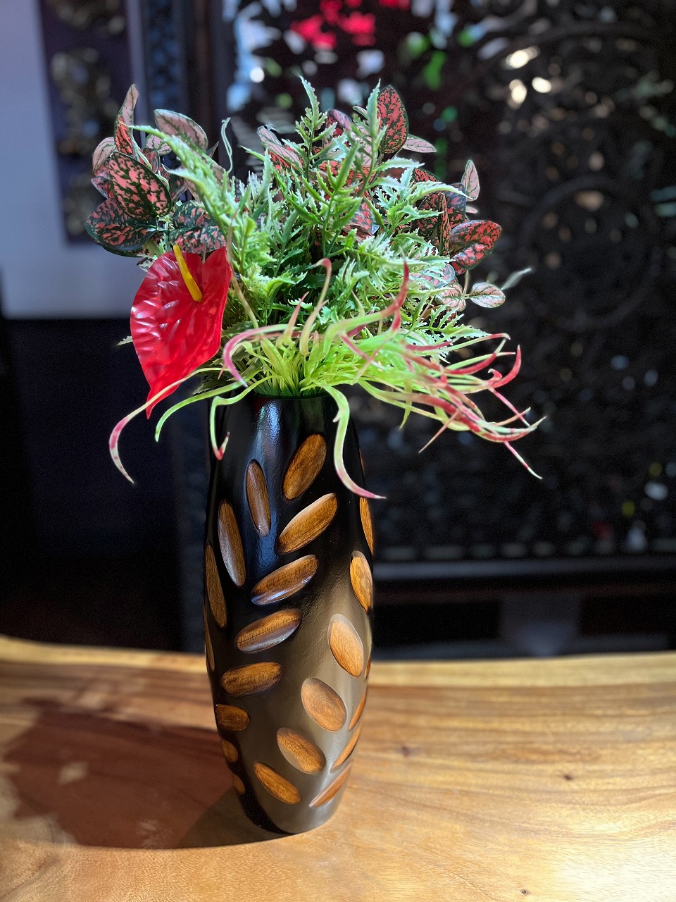 楽天市場】木彫りのフラワーベース マホガニー材 17X24 花瓶 壺 木彫り