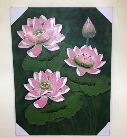 バリ絵画　蓮の花の絵画 木製フレーム付き バリ絵画 蓮の花の絵画 木製フレーム付き バリ絵画 蓮の花の