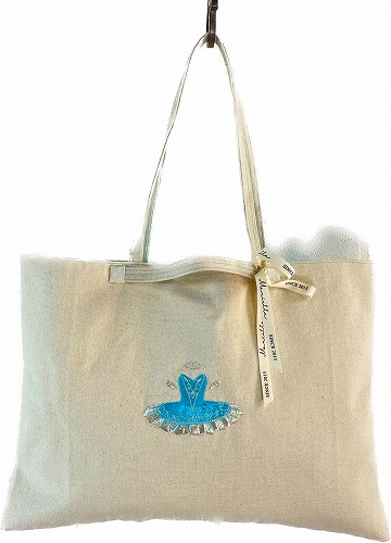 【お買い物マラソン ポイント2倍】Mariella トートバック レッスンバック ブルー バレリーナ刺繍 ベージュ おしゃれ かわいい プレゼント 1点もの おすすめ 人気 ハンドメイド バレエ発表会プレゼント プレゼント お祝い