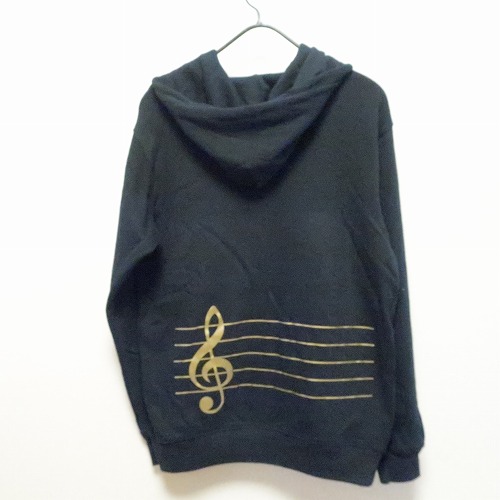 音楽 パーカー 金 ト音記号 楽譜 バックプリント 黒 Treble clef 背面 ウエア ピアノ用品 音楽雑貨 ピアノ発表会プレゼント 音符 楽屋見舞い ヴァイオリン お祝いギフト 記念品 人気 おすすめ おしゃれ バイオリン 吹奏楽 合唱部 piano music｜バレエと音楽のバレリーナート