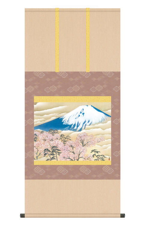 掛け軸 掛軸 モダン 収納箱 桐箱 おしゃれ 床の間 横山大観 「富士と桜図」 尺五 ＜送料無料＞ 10年保証 インテリア アート 日本画 富士山 桜 新築 引っ越し 引越 事務所 店舗 移転 開店 開業 祝い 54.5cm×約115cm