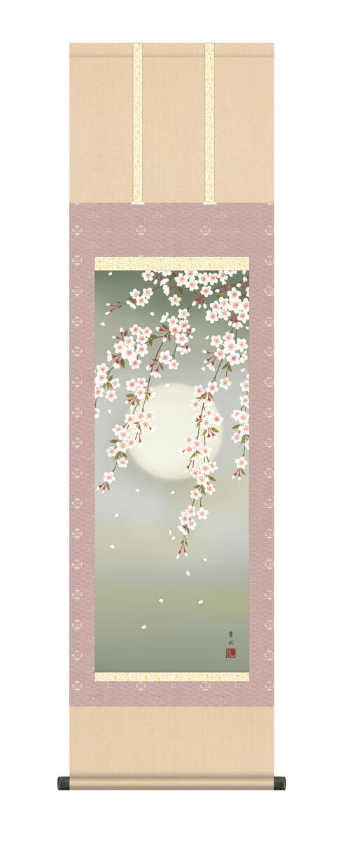掛軸 掛け軸 花鳥画 春掛け「夜桜」 緒方葉水 ＜送料無料＞ 尺三 10年保証 化粧箱 収納 和 和室 インテリア アート 日本画 花 サクラ 月 引っ越し 引越 事務所 店舗 移転 開店 ギフト 祝い 外国人向け土産 44.5cm×約164cm