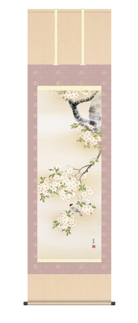 掛け軸 掛軸 モダン 収納箱 桐箱 床の間 花鳥画 春掛け 「桜花に小鳥」 近藤玄洋 サクラ 鳥 <送料無料> 尺五 10年保証 インテリア アート 日本画 和室 お祝い ギフト 引越 事務所 店舗 移転 開店 外国人向け土産 54.5cm×約190cm|ハッピー雑貨専門店Happymarche