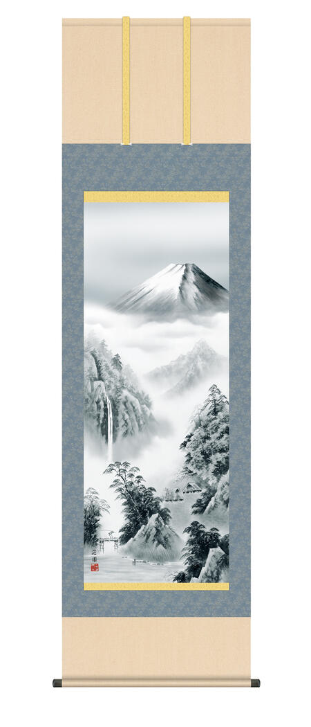 掛け軸 掛軸 山水画 「富士憧憬」 有馬荘園 年中飾り ＜送料無料＞ 尺五 10年保証 日本 日本画 富士 富士山 縁起 水墨画 インテリア 開店 開業 事務所 店舗 移転 開店 祝い ギフト プレゼント 外国人向け土産 54.5cm×約190cm