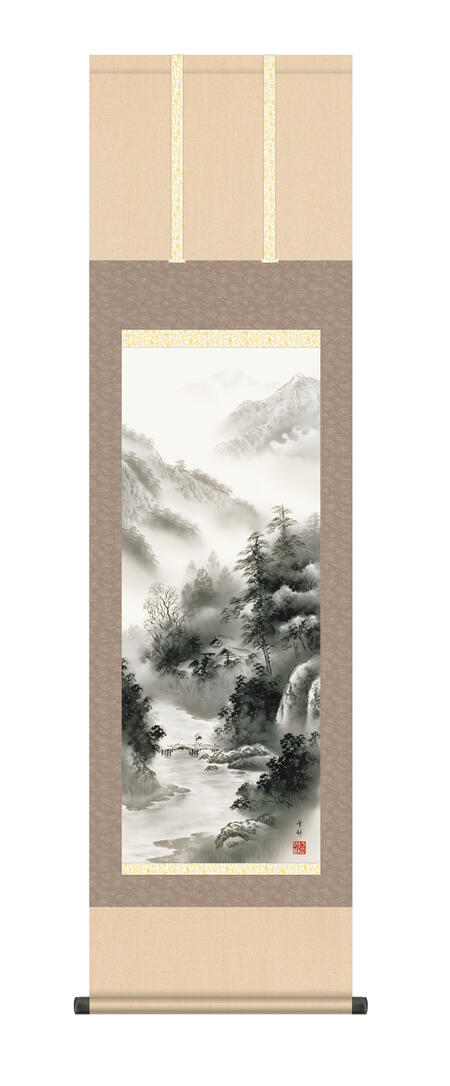掛け軸 掛軸 山水画 「山河憧憬」 年中飾り 年中掛け ＜送料無料＞ 尺三 10年保証 和 インテリア アート 日本画 山 水墨 お祝い 引っ越し 引越 ギフト 事務所 店舗 移転 開店 祝い 外国人向け土産 44.5cm×約164cm 水墨山水