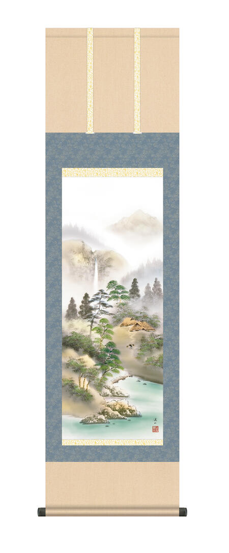 掛軸 掛け軸 山水画 「悠景彩遷」 年中飾り 年中掛け ＜送料無料＞ 尺三 10年保証和 インテリア アート 日本画　山　水墨 複製画 お祝い 引越 引っ越し ギフト 事務所 店舗 移転 開店祝い 外国人向け土産 44.5cm×約164cm 色彩山水