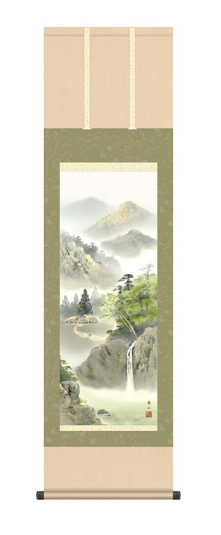 掛け軸 掛軸 山水画 「緑風水明」 年中飾り 年中掛け　＜送料無料＞ 尺三 10年保証和 インテリア アート 日本画 山　水墨 複製画 お祝い 引っ越し 引越 ギフト 事務所 店舗 移転 開店祝い 外国人向け土産 44.5cm×約164cm 色彩山水