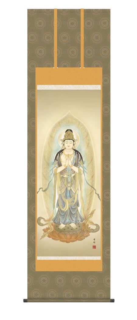 仏事画 「聖観音」掛け軸 <送料無料> 尺五 10年保証 洛彩鍛子佛表装 和 アート 日本画 複製画 行事飾り 初七日 法要 供養 彼岸 お盆 十三回忌 仏 引越 ギフト 事務所 店舗 移転 開店祝い 外国人向け土産 54.5cm×約190cm 観音|ハッピー雑貨専門店Happymarche