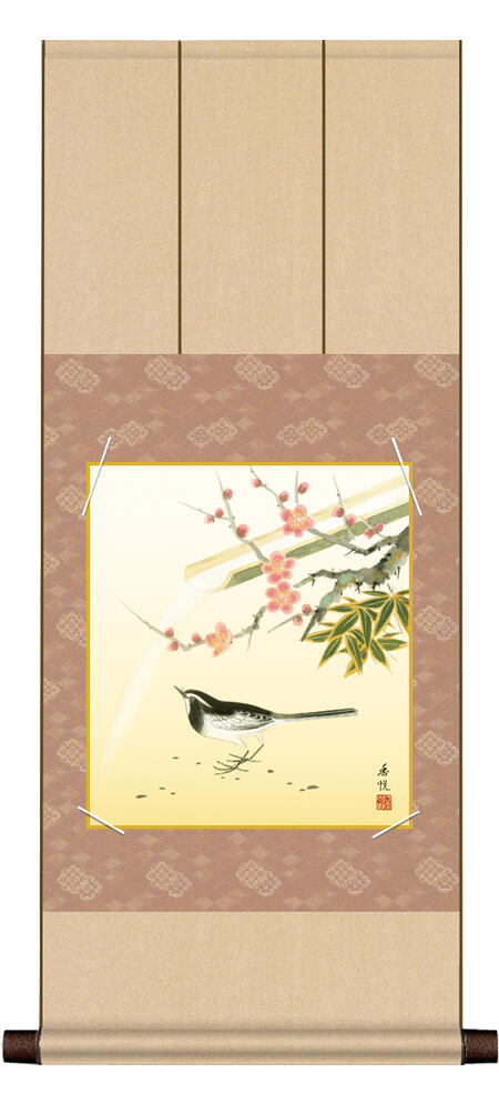 掛け軸 春 色紙掛・色紙セット 花鳥画 春飾り「松竹梅」 ＜送料無料＞ 八坂緞子色紙掛 色紙 インテリア アート 日本 外国人向け土産 リビング 掛軸 31cm×75cm 花 鳥 四季 春掛け 春飾り 松竹梅 縁起 開運 正月 春飾り 春掛け