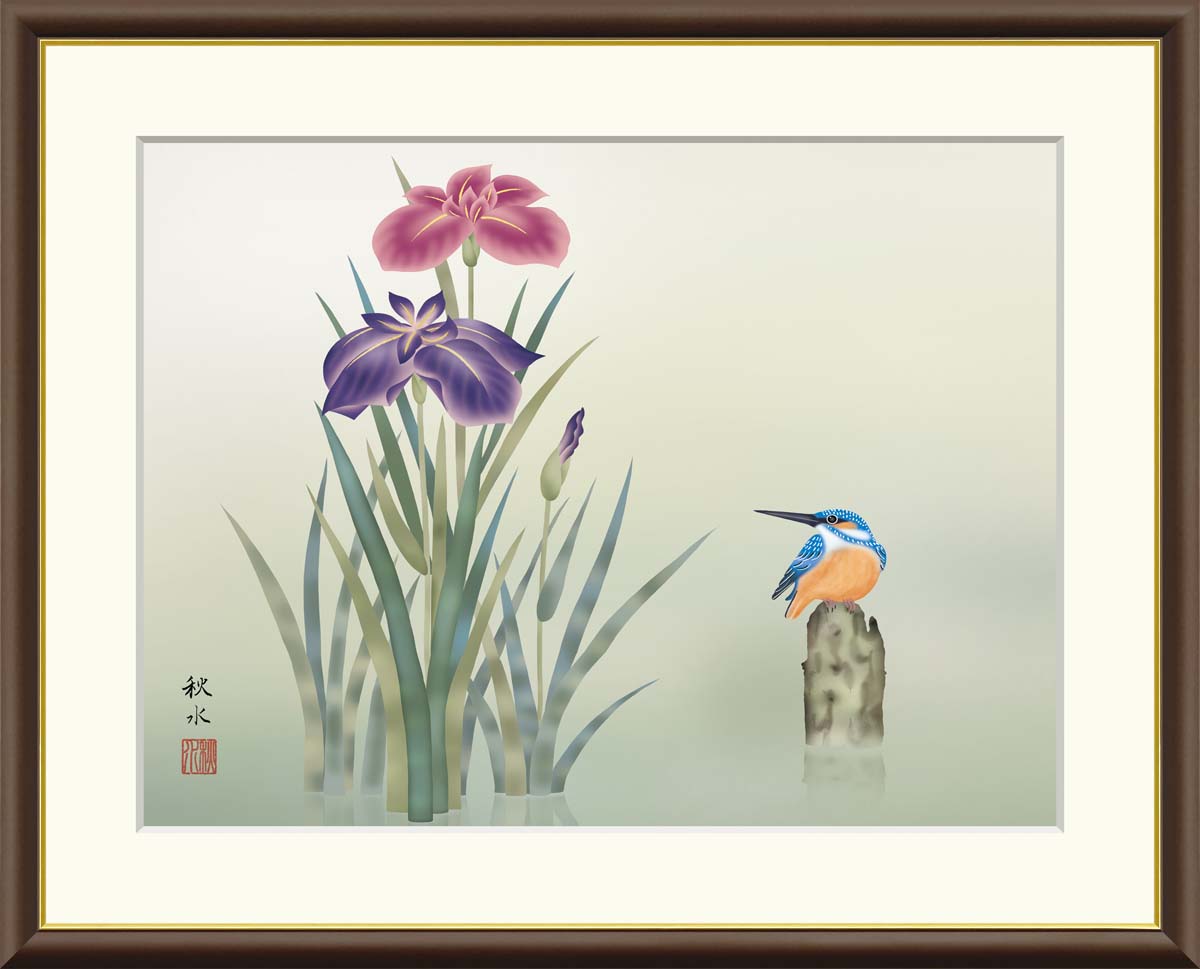 絵画  花鳥画　　送料込み 絵画 日本画 額入りアート 花鳥画 「南天に雀」 J4-B041 F8:61cm
