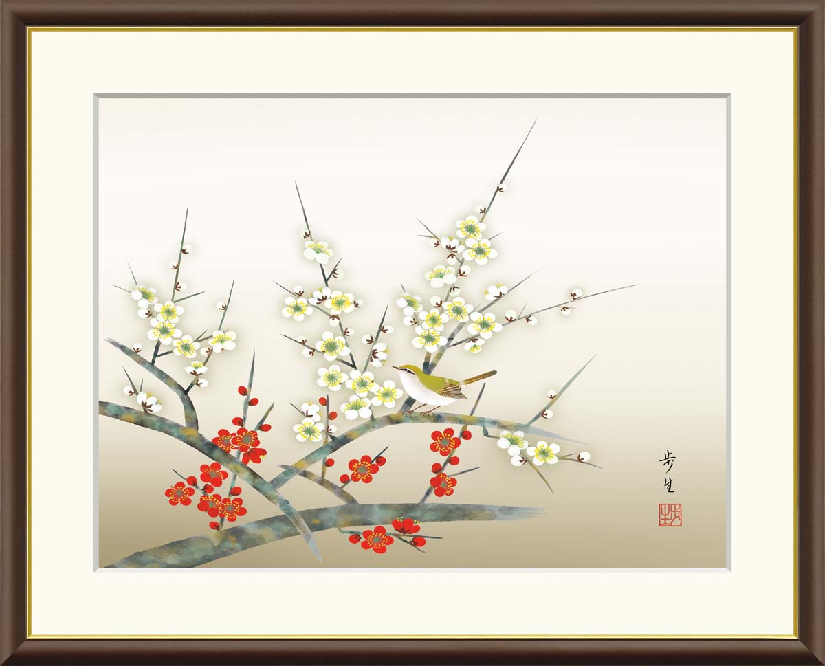 楽天市場】絵画 日本画 額入りアート 花鳥画 「月下紅白梅」 J4-B016