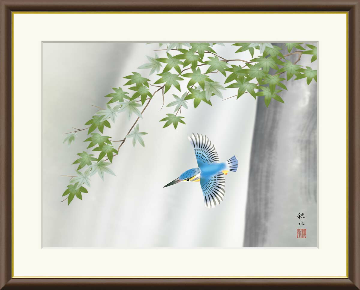 額付き紅葉と鳥日本画 額付き紅葉と鳥日本画