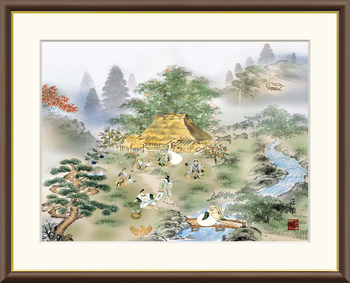 絵画 日本画 額入りアート 「七福四神相応図」 J4-F010 F8:61cm&times;49.5cm F6:52cm&times;42cm F4:42cm&times;34cm 送料無料アート 日本画 七福神 寿 吉祥縁起 縁起 開運 無病息災 額付き 祝い外国人向け土産 ギフト プレゼント｜ハッピー雑貨専門店Happymarche