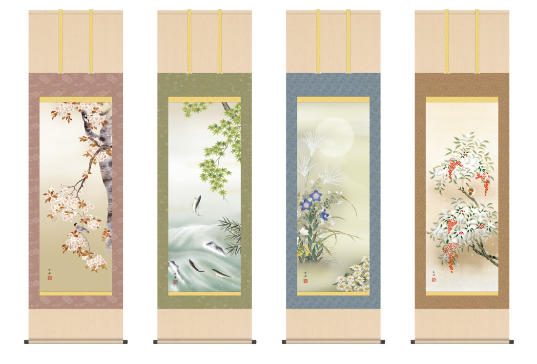 掛軸 掛け軸 四季爛漫 尺五 送料無料 近藤玄洋 四季花鳥揃 54.5×190cm 床の間 和室 床の間飾り 春飾り 夏飾り 冬飾り 秋飾り セット|ハッピー雑貨専門店Happymarche