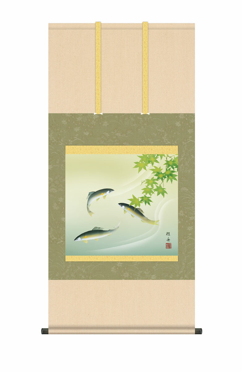 掛け軸 掛軸 夏掛け 花鳥画 「楓に鮎」  kz5a7169 長江桂舟 送料無料 尺五 10年保証 高級仕様 和 和室 インテリア アート 日本画 魚 緑 鮎 床の間 床の間飾り 54.5cm×約115cm