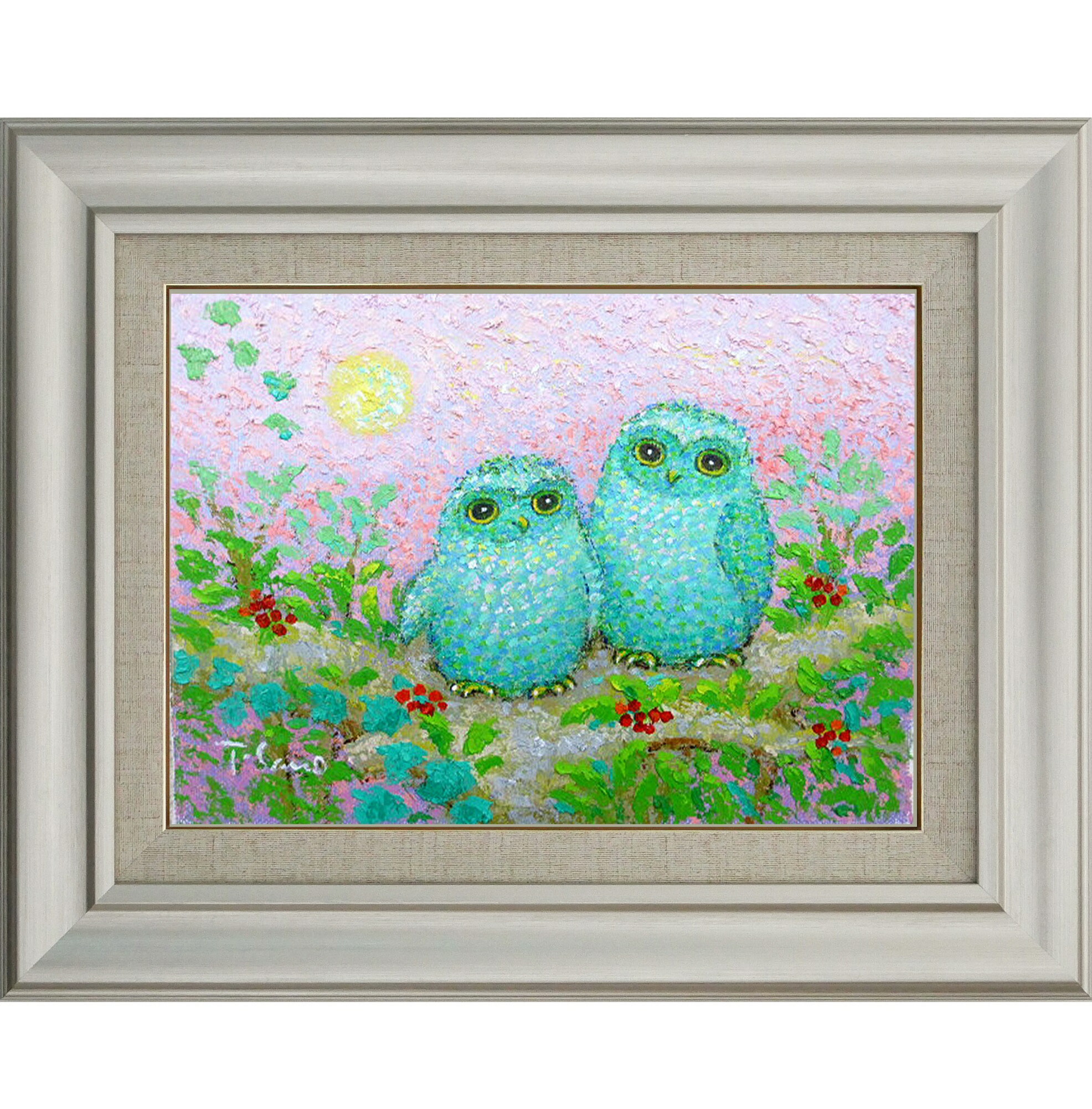 手描き 油絵 額入り絵画 祝ふくろう 親子 絵 絵画 F6サイズ 絵画 額入り フレーム付 額 絵 フクロウ ふくろう ふくろうの絵 インテリア 玄関 リビング 絵画 自然 動物 開運 縁起 招福 佐野千恵子 幅560mm 高さ470mm Psicologosancora Es