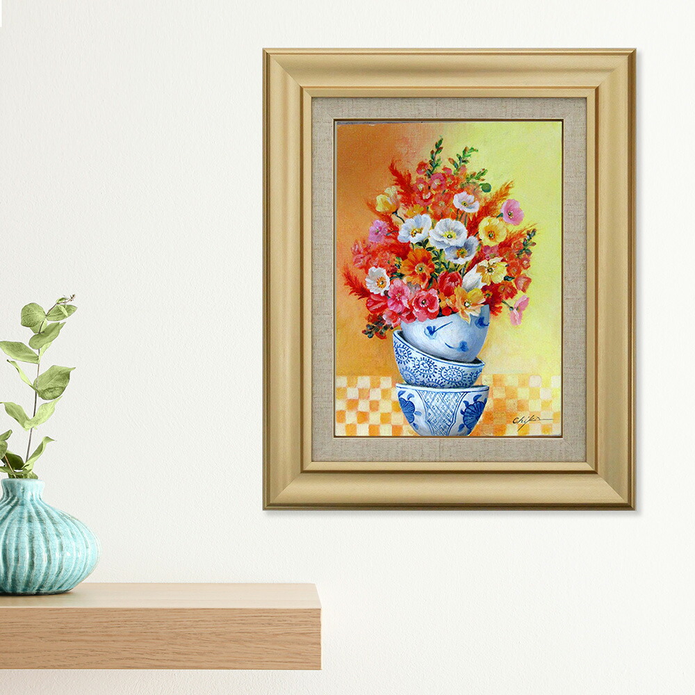 絵画 油絵 額入り油彩 手描き 油彩 器とポピー カラフル 花の絵 内藤千嘉 額入り絵画 額 アート 花 ポピー 陶器 染付 F4サイズ 縦 幅402mm 高さ493mm Aplusfinance Blog Com