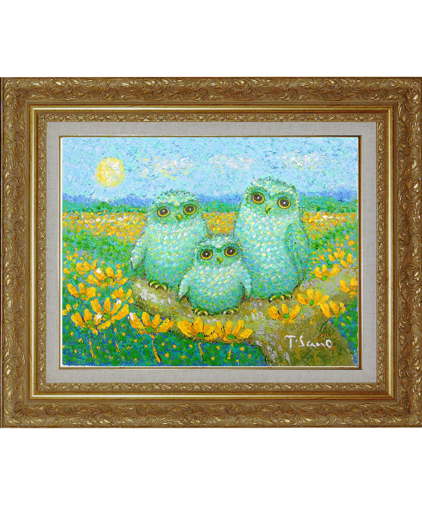 手描き油絵 額入り絵画 花ふくろう 親子 絵画 F6サイズ 額入り フレーム付 額 絵 フクロウ ふくろう ふくろうの絵 インテリア 玄関 リビング 鳥 自然 動物 開運 縁起 招福 佐野千恵子 幅560mm×高さ470mm|ハッピー雑貨専門店Happymarche