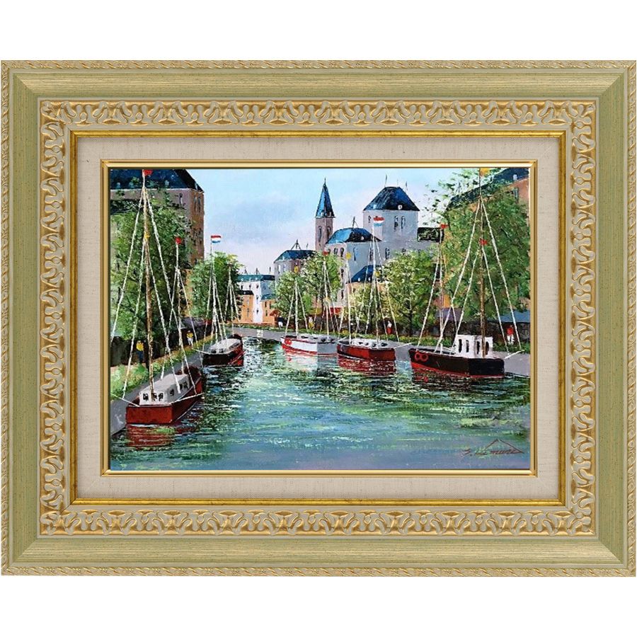 図案 油彩 物量入場油彩 筆跡 油絵 オランダの首都 木村茂 F4 額入り 絵画 額 アート 絵画 アート ヨーロッパ ビュー オランダ 河 レーシング ヨット 領域493mm クォンティティさ402mm ヨーロッパの川や堀川をサブジェクトにした手描きの額入り油絵 Ficap Fr