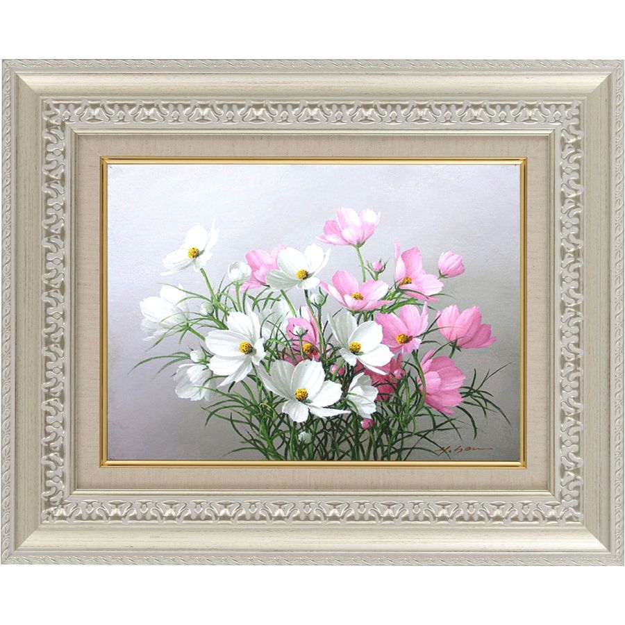 肉筆　油絵　ボビの花　F4 素敵な額縁ガラス付き　美術品 楽天市場】手描き 油絵 額入り油彩画 コスモス 花瓶 F4サイズ 縦