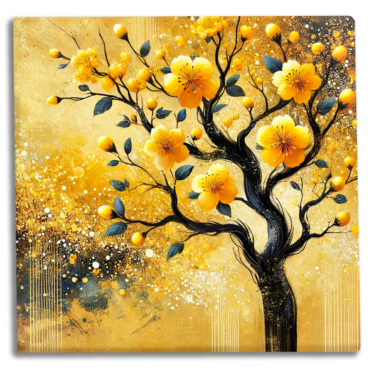 期間限定★値下げ★抽象的な花の絵画 ゴールドフレーム　水彩画 原画 抽象画 向日葵 F6 ゴールド ひまわり イエロー おしゃれ モダン