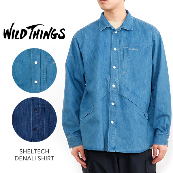 即納特典付き 正規取扱品 Wild Things ワイルドシングス Sheltech Denali Shirt シェルテック デナリ シャツタウンユース カジュアル ウェア Camp Fes 高機能 長袖 デニムシャツ ダンガリー シャンブレー ブルー 軽量 紫外線防止 遮熱 接触冷感 吸水速乾 豪華