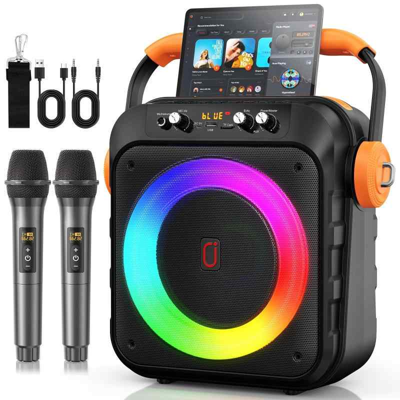 JYX 80W ポータブルBluetoothスピーカー 6.8インチサブウーファー搭載 オールインワン カラオケスピーカー 大人・子供対応 PAスピーカー ディスコライト搭載 家庭用・屋外用 ギフト向け|バンブ