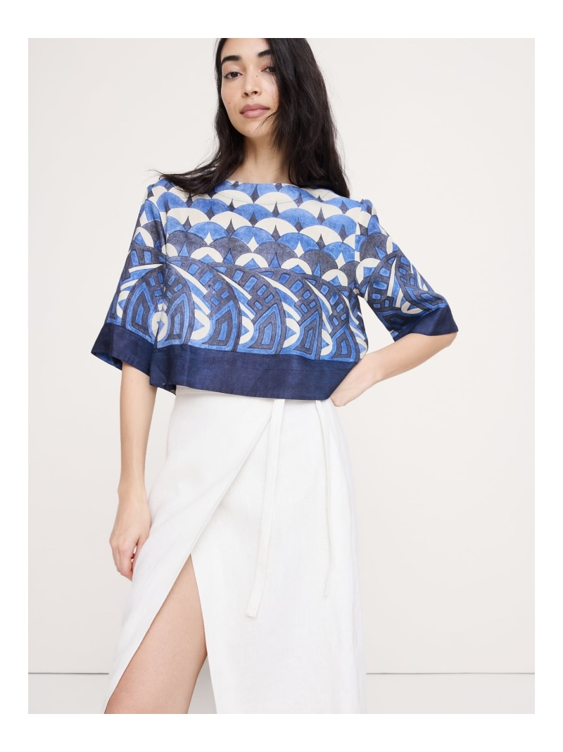 【SALE／20%OFF】(W)ビスコース人絹 リネン 小舟のど頚 クロップド トップス BANANA REPUBLIC バナナ・リパブリック トップス カットソー・プルオーバー 青味【RBA_E】【貨物輸送無料】[ Fashion]