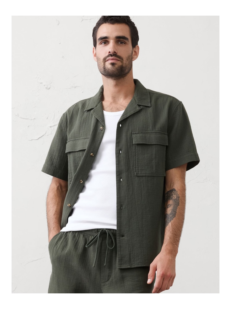 (M)スタンダードフィット ダブルウィーブ リゾートシャツ BANANA REPUBLIC FACTORY STORE バナナ・リパブリック ファクトリーストアー トップス シャツ・ブラウス グリーン ベージュ【送料無料】[ Fashion]