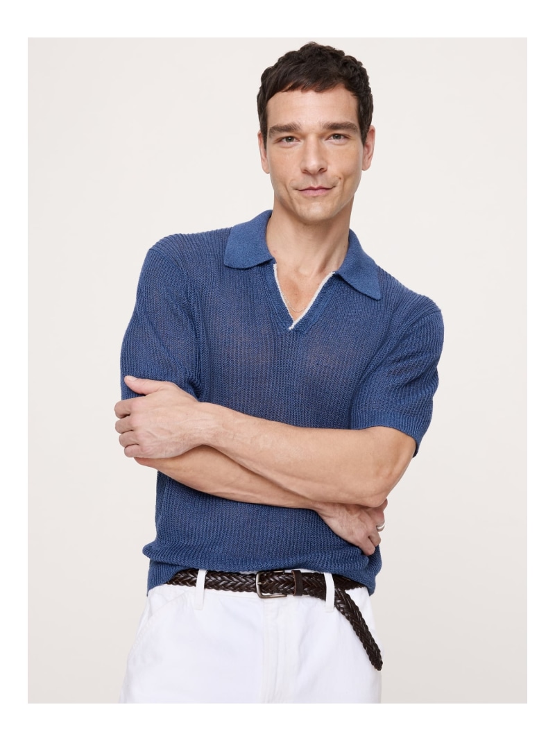 【SALE／15%OFF】(M)リネン綿織物 ジョニー色つや 編み物スポーツシャツ BANANA REPUBLIC バナナ・リパブリック トップス スポーツシャツ 黄色 青み【RBA_E】【貨物輸送無料】[ Fashion]