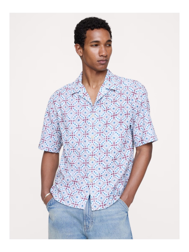 (M)リラックスフィット シアサッカー リゾートシャツ BANANA REPUBLIC バナナ・リパブリック トップス シャツ・ブラウス イエロー ブルー【送料無料】[ Fashion]｜BANANA REPUBLIC