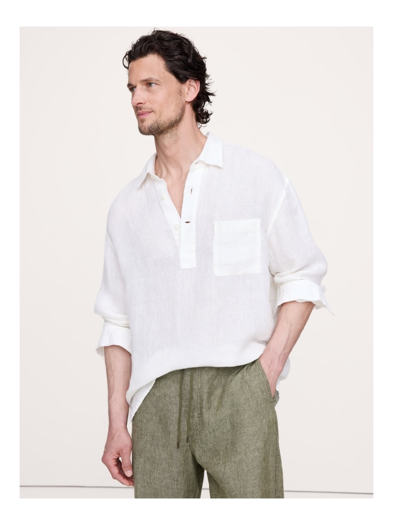 【SALE／15%OFF】(M)リラックスフィット リネン ポップオーバー シャツ BANANA REPUBLIC バナナ・リパブリック トップス シャツ・ブラウス ホワイト【RBA_E】【送料無料】[ Fashion]｜BANANA REPUBLIC