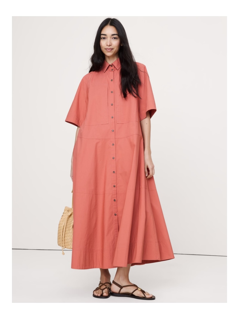 【SALE／28%OFF】(W)コットン ポプリン トラペーズ マキシ シャツドレス BANANA REPUBLIC バナナ・リパブリック ワンピース・ドレス ワンピース オレンジ グリーン【RBA_E】【送料無料】[ Fashion]