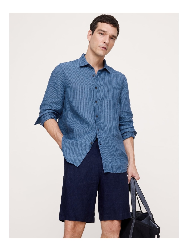 【SALE／15%OFF】(M)スタンダードフィット テクスチャード リネンコットン シャツ BANANA REPUBLIC バナナ・リパブリック トップス シャツ・ブラウス ネイビー【RBA_E】【送料無料】[ Fashion]｜BANANA REPUBLIC