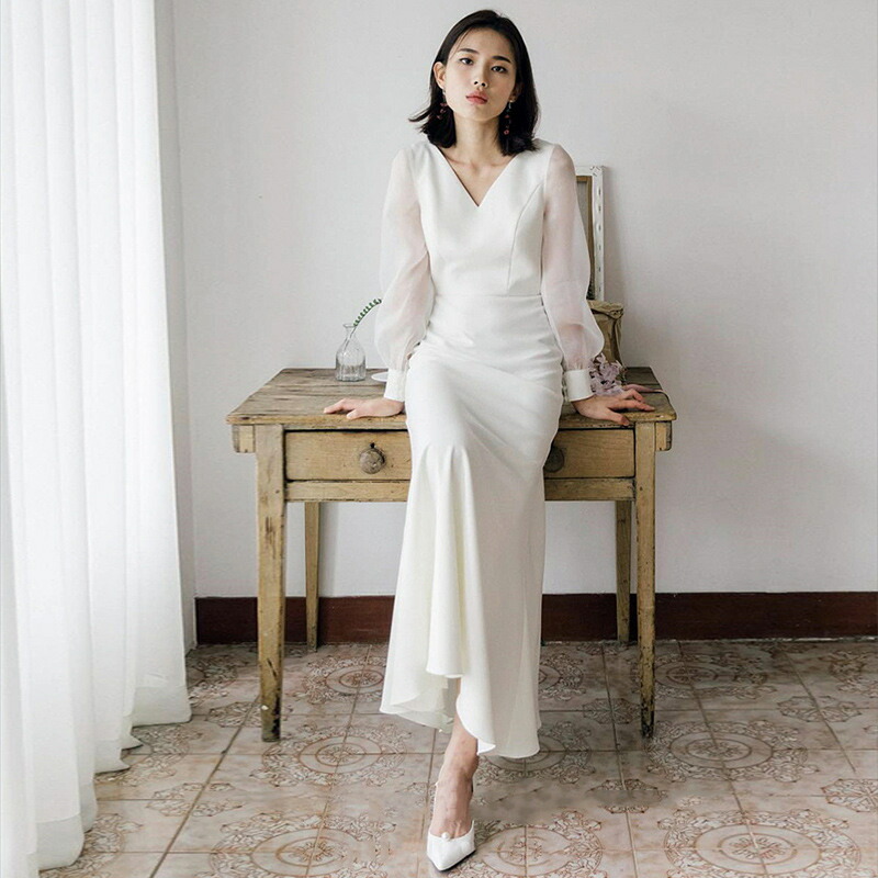 ホワイト ウェディングドレス Aライン 長袖 レース 素地 ファスナータイプ xs・xxl Wedding Dress お花嫁 結婚式 旅行撮影演出 レディースウェディングドレス 透け感あり ロングドレス ウェディングドレス