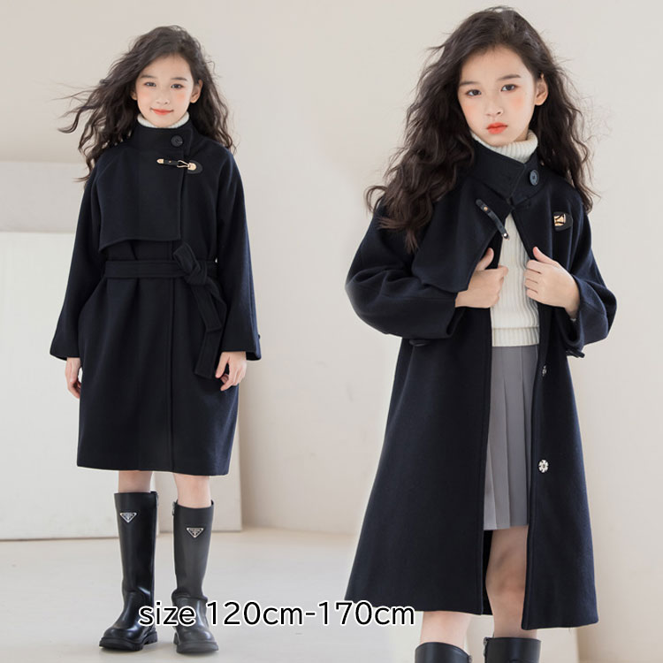 コート 子供服 アウター 女の子 キッズ ラシャコート ジュニア ガールズ ジャケット 長袖 子供コート ダッフルコート チェスターコート ロングコート 可愛い 黒 ブラック 防寒 おしゃれ 秋冬 通学 お出かけ 学生 女子高生 120 130 140 150 160 170