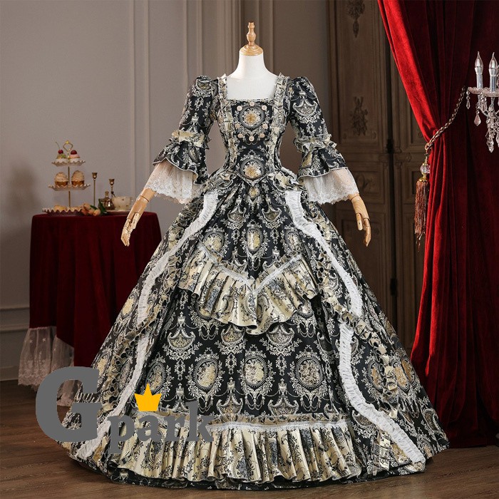 ロリータ お姫様ドレス ロココ調 中世風 貴族ドレス 舞台衣装 オペラ 演奏会 歌劇 パーティー ジャガード ロング Aライン  サイズ指定 x0m7