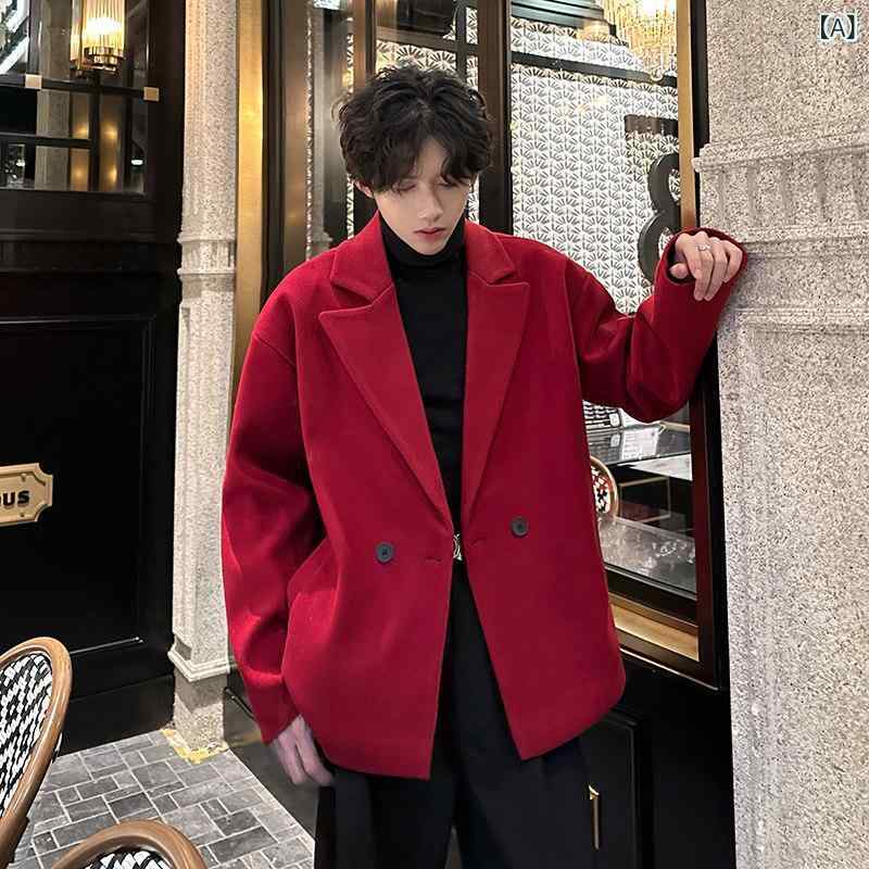 メンズ ファッション 春夏 秋冬 かっこいい オシャレ モテ 男性用 紳士服 服 韓国 シンプル 大人 メンズ用　アンコラ　レッド　ショート　ウール　コート　ハイエンド　シック　衣装　スーツ　ジャケット　オーバー　サイズ