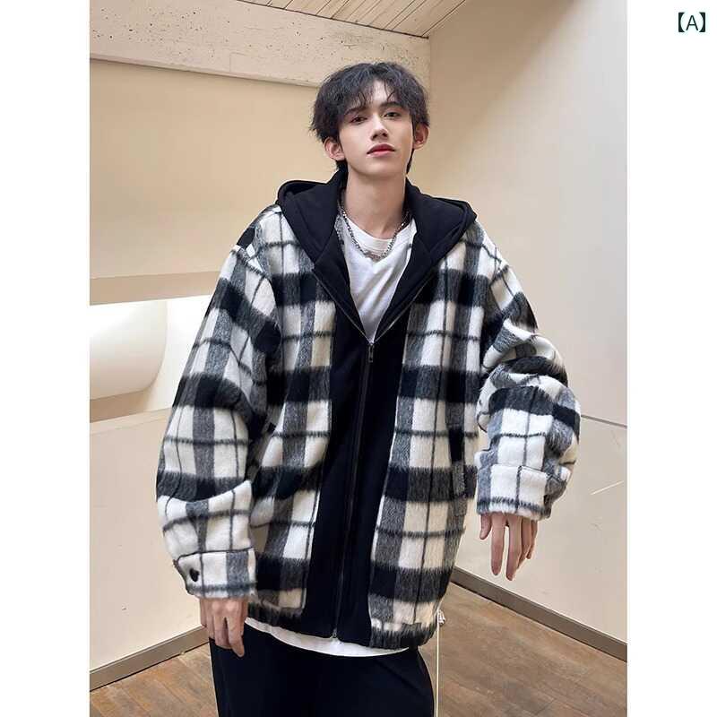 メンズ ファッション 春夏 秋冬 かっこいい オシャレ モテ 男性用 紳士服 服 韓国 シンプル 大人 黒　白　チェック柄　ウール　コートツーピース　　フード　ジャケット｜ビーアンドピーショップ