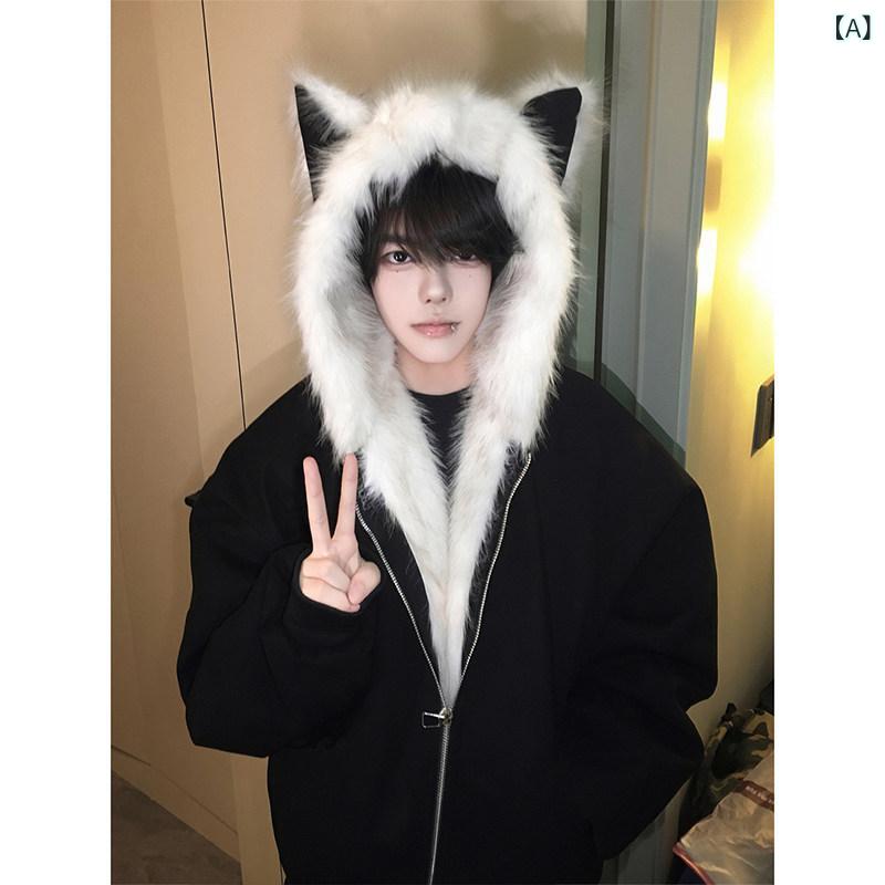 メンズ 流行り物 春夏 秋冬 かっこいい オシャレ モテ 成人男性用 成人男性服  服 韓国 分かりやすい 成年者 アメリカン レトロ お山 カービング 猫耳  綿織物  上衣 朦々たる パーカー 二人組 遊撃手