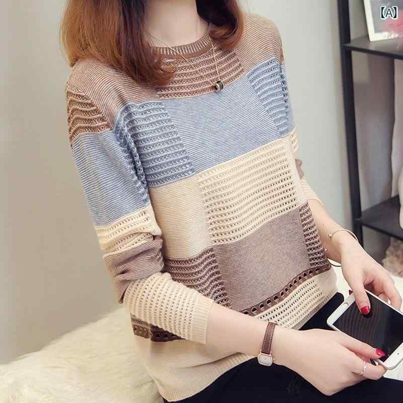 レディース ファッション 春夏 秋冬 かわいい オシャレ 韓国 ニット セーター ストライプ 長袖 カラー ブロック トップス 薄手