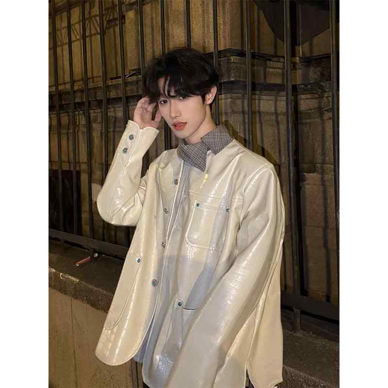 メンズ 流行り物 春夏 秋 冬 かっこいい オシャレ モテ 成人男性用 成人男性服 服 韓国 分かりやすい 成年者 男女兼用 白 ターコイズブルー なめし革上衣 見せ掛け フレンチ 色つや 受け答え 厚地の外套