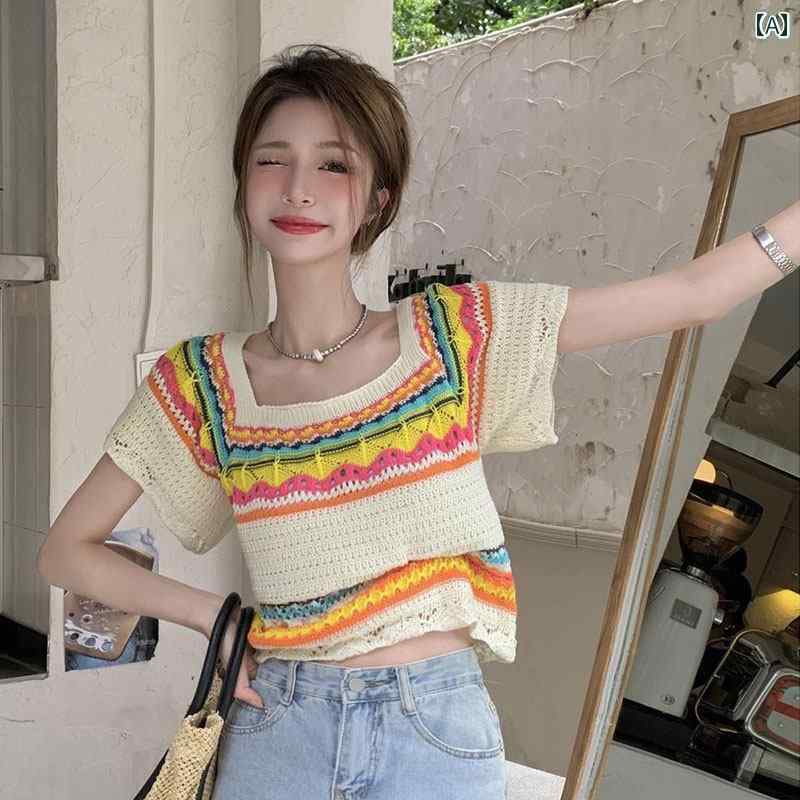 レディース ファッション 春夏 秋冬 かわいい オシャレ 韓国 冷感　ニット　半袖　T　シャツ　風　ストライプ　ハイウエスト　ショート　トップス　ストレート　ショルダー　スクエアネック　くり抜き