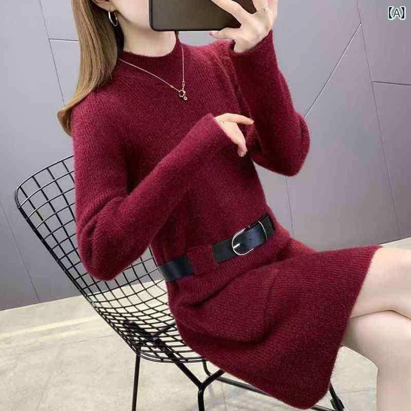 レディース ファッション 春夏 秋冬 かわいい オシャレ 韓国 ミドル丈　フリースセーター　ニット　ベース　ドレス