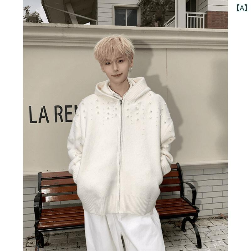 メンズ 流行り物 春夏 秋冬 かっこいい オシャレ モテ 成人男性用 成人男性服  服 韓国 分かりやすい 成年者 パール プルオーバー ジレー ジップアップニットウェア